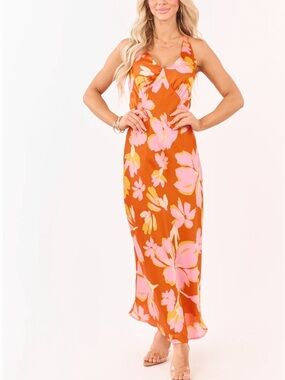 Sunset Floral V-Neck Maxi Dress in Orange with Pink Bloom